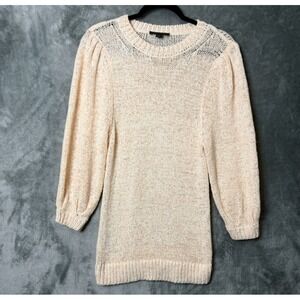 Ann Taylor Peach Marled Puff Sleeve Pointelle Yoke Knit Sweater Womens Medium